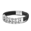 Men's black braided leather bracelet with stainless steel gear design and magnetic clasp - Steel Color (KB138031-KFC)