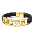 Men's braided black leather bracelet with geometric gold stainless steel clasp - 19cm / Gold