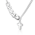 Silver stainless steel cross necklace with mixed chunky Cuban and thin curb chain links - Steel Color (KN112526-Z)