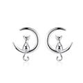 Sterling silver stud earring featuring a crescent moon and sitting cat in polished finish - Silver Crescent Moon Cat Style (SE329)
