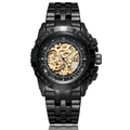 Sleek all-black stainless steel automatic mechanical watch with visible gold skeleton movement - Black Face Gold Movement