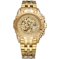 Men's automatic mechanical watch with gold-tone stainless steel and skeleton dial - Gold Face Gold Movement