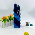 Collapsible silicone sports water bottle in blue and black camouflage with metal carabiner - 500ml / Camo Blue (Pointed Mouth)