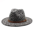 Detail of leopard print fedora hat with brown leather belt and gold buckle - M (56-58cm) / Dark Gray