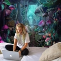 Tapisserie forêt magique abstraite avec champignons lumineux pour décor mural - Forêt Magique
