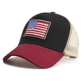 Detail of USA flag embroidery on burgundy and black mesh trucker cap with breathable back - Black with Wine Red Brim