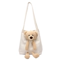Chic cream canvas tote bag featuring a 3D teddy bear plush doll ornament on a plain background - White