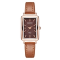 Detail of rectangular rose gold watch case with burgundy dial and brown leather strap - Brown Strap Red Face