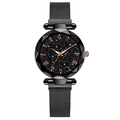 Elegant black starry sky watch with magnetic mesh band and rose gold Roman numerals - Black