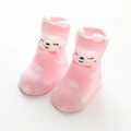 Pink infant floor socks featuring a 3D cartoon bear face and star patterns on sole - Pink Rabbit