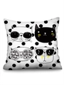Detail of cartoon cat pattern on faux linen pillowcase with black and white polka dots - Style 09