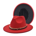 Detail of red fedora hat featuring a gold chunky chain and contrasting black lining - M (56-58cm) / Red and Black Contrast
