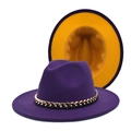 Detail of wool fedora with purple yellow contrast color and gold chain band - M (56-58cm) / Purple Yellow Patchwork