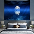 Blue ocean wall tapestry with full moon and dolphins hanging over a bedroom bed - Dolphins Moonlight Seascape
