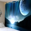 Detail of wall tapestry featuring abstract mountain landscape with blue moon and warm fairy lights - 150x180cm / Moon Lake Galaxy