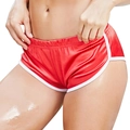Women's sexy red high-waist yoga shorts with white trim and side slit for gym workout - S / Red