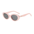 Rosa Oval-Sonnenbrille mit dunkelgrauen Gläsern und goldenen Stern-Nieten auf weißem Grund - Rosa Rahmen Graue Linse