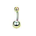 Macro view of rainbow plated stainless steel belly ring with double rhinestone balls - Colorful Ball