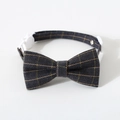 Close-up of grey herringbone fabric texture and white plastic buckle on pet bowtie collar - Dark Grey Plaid Bow Tie / S (17-32cm)