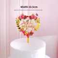 Heart-shaped floral acrylic cake topper with Happy Birthday gold lettering and roses, 10.5cm wide - Heart Floral Happy Birthday