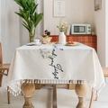 Cotton linen tablecloth with tassels and black lettering in a home setting - 140*180cm / Yellow Grey Blue