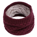 Detail view of burgundy knitted scarf with thick grey fleece lining for winter warmth - Burgundy / 25cm Length x 22cm Width
