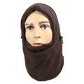 Detail view of brown fleece balaclava with adjustable drawstrings for winter face protection - Coffee