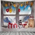 Christmas snowman window tapestry with snow mountain view and festive holiday ornaments - 150x130cm / 191118-2 Retro Lamp Snowman