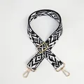 Close-up of black and white geometric pattern wide shoulder strap with gold metal hooks - Style 11 (Black White Ethnic)