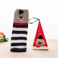 Thick coral fleece Christmas socks in blue stripes with cute bear embroidery and gift box - No Box / Navy White Striped Bear