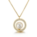 Elegant gold-tone pearl pendant necklace with sparkling crystal halo on fine link chain - Gold (KP41926-K)