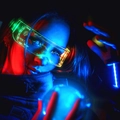 Cyberpunk LED glasses with futuristic HUD pattern and vibrant neon green lighting effects - Dual Side Controlled Colorful Upgrade Mode