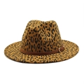 British style leopard print wool fedora with brown leather band and gold buckle accent - M (56-58cm) / Khaki