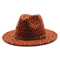 Orange leopard print wool fedora hat with wide brim and brown leather band detail - M (56-58cm) / Burgundy