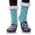 Fleece lined winter slipper socks in blue knit with cute penguin pattern and anti-slip sole - Sky Blue Owl