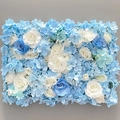 Detailed view of blue and white artificial rose and hydrangea floral wall panel - European Light Blue