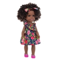 14 inch African American doll with black curly hair in a floral navy dress - Q14-155C Blue One-Shoulder Floral Dress / 35cm