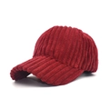 Detailed view of dark red corduroy baseball cap with thick vertical stripe texture - Adjustable / Burgundy