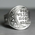 Retro silver engraved ring with 'stay wild moon child' text and crescent moon motifs - Stay Wild Moon Child