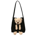 Black canvas tote bag for women featuring a cute beige 3D plush bear decorative detail - Black