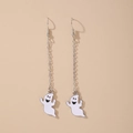 Detail of cartoon ghost earrings with silver chains and white enamel finish on cream background - Long Chain White Ghost
