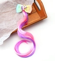Detailed view of unicorn bow hair clip with colorful rainbow wavy hair extensions for girls - Unicorn - Pink+Purple+Red