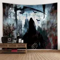 Halloween Reaper Wandteppich mit Fledermäusen und gotischer Architektur zur Dekoration - 150x130cm / Sensenmann Fledermaus Schloss