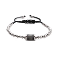 Detail of silver beaded bracelet featuring a pavé black crystal centerpiece and cord - Silver/Platinum Rectangle