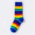 Rainbow striped knee-high cotton socks with vibrant colors on a clean white background - One Size / Blue Ribbed Opening