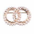 Elegant gold finish overlapping rings brooch with white pearls and leaf texture - xz4308 Double Ring Pearl