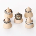 Five vintage rings in silver and gold colors on cone wood stands for jewelry display - 5 Pcs (Pine 2.5*3cm)