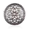 Vintage silver round brooch with central pearl flower and hollow circular metalwork - xz4350 Retro Silver Flower