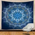 Mandala tapestry in deep blue with white and gold bohemian patterns over a white chair - 150x130cm / Blue Gold Mandala