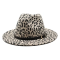 Flat brim leopard print wool fedora hat with a black leather band and gold buckle - M (56-58cm) / Beige